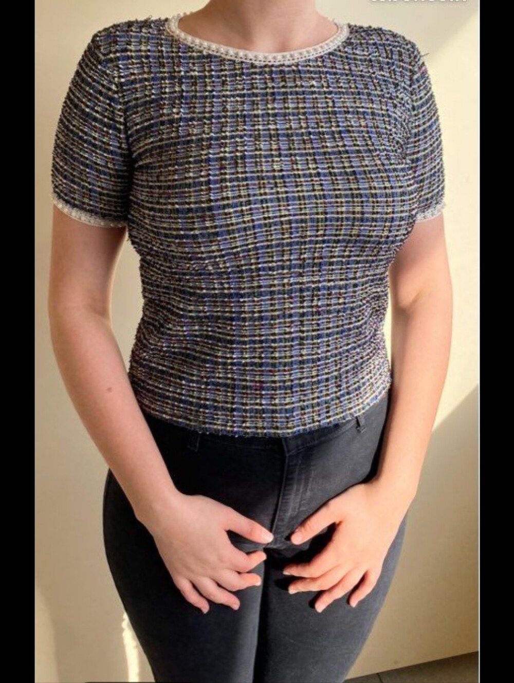 Zara Olive Green Tweed Pearl-Trim Short Sleeve Top #3710